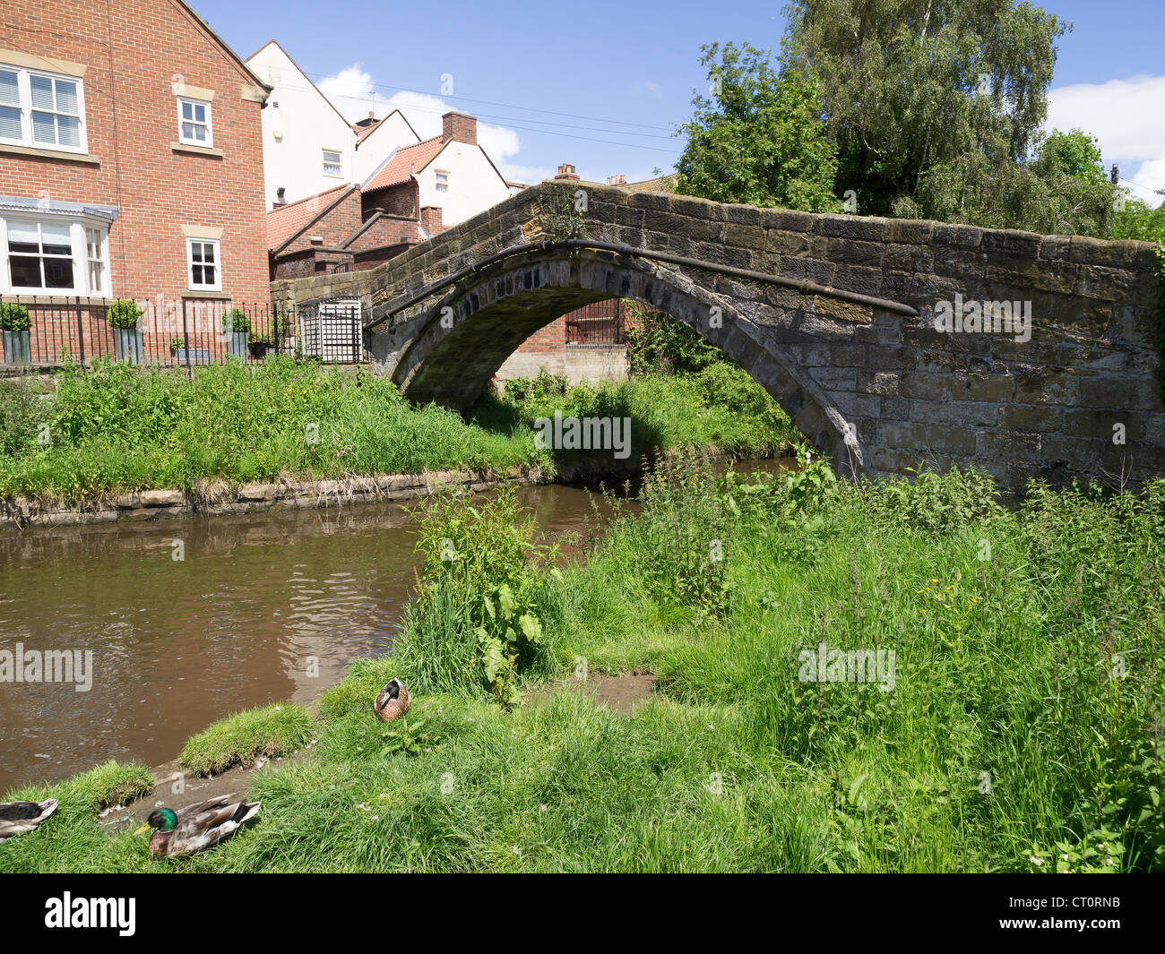 The 17C pack horse bridge over the river Leven in Stokesley North Yorkshire, on the old