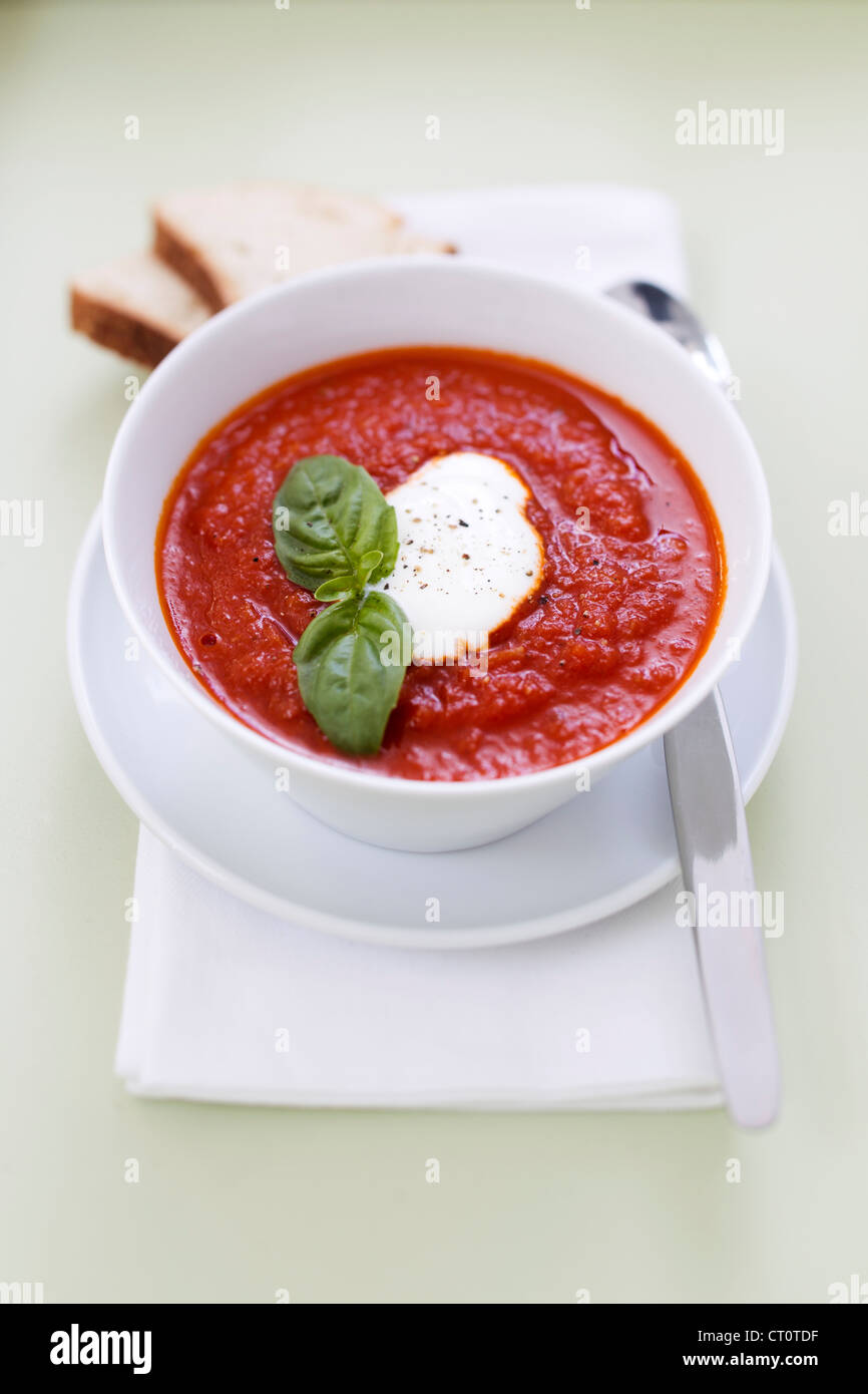 Bowl of soup with herbs and cheese Stock Photo