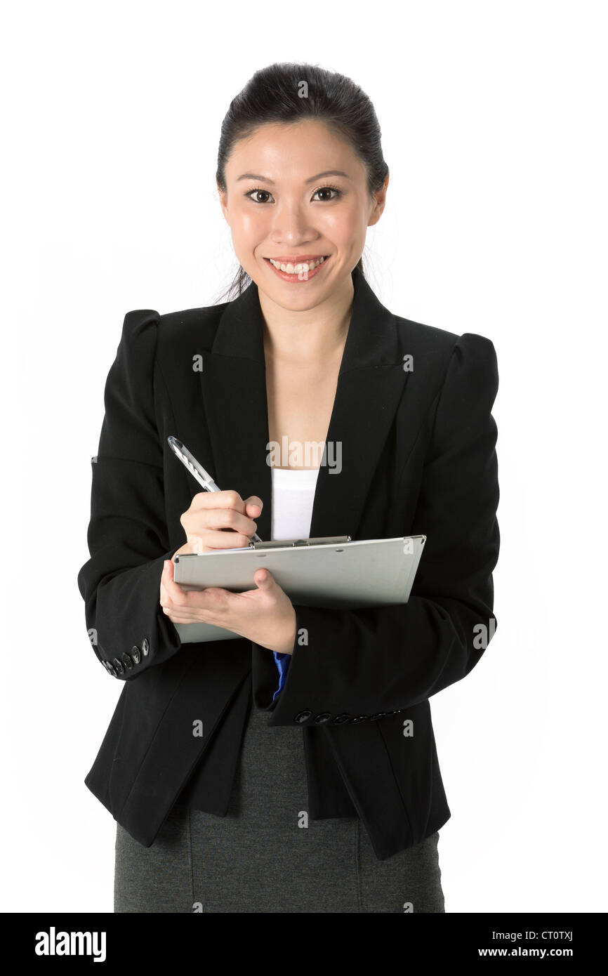 Business Woman Holding A Clip Board With Pen. Isolated on white background. Stock Photo