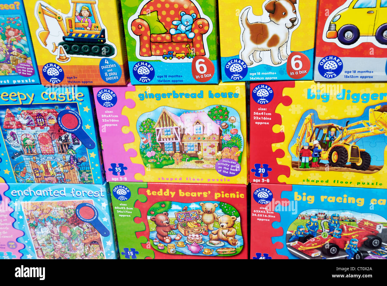 Orchard Toys educational puzzles and games for children aged between 18 months and 12 years. Stock Photo