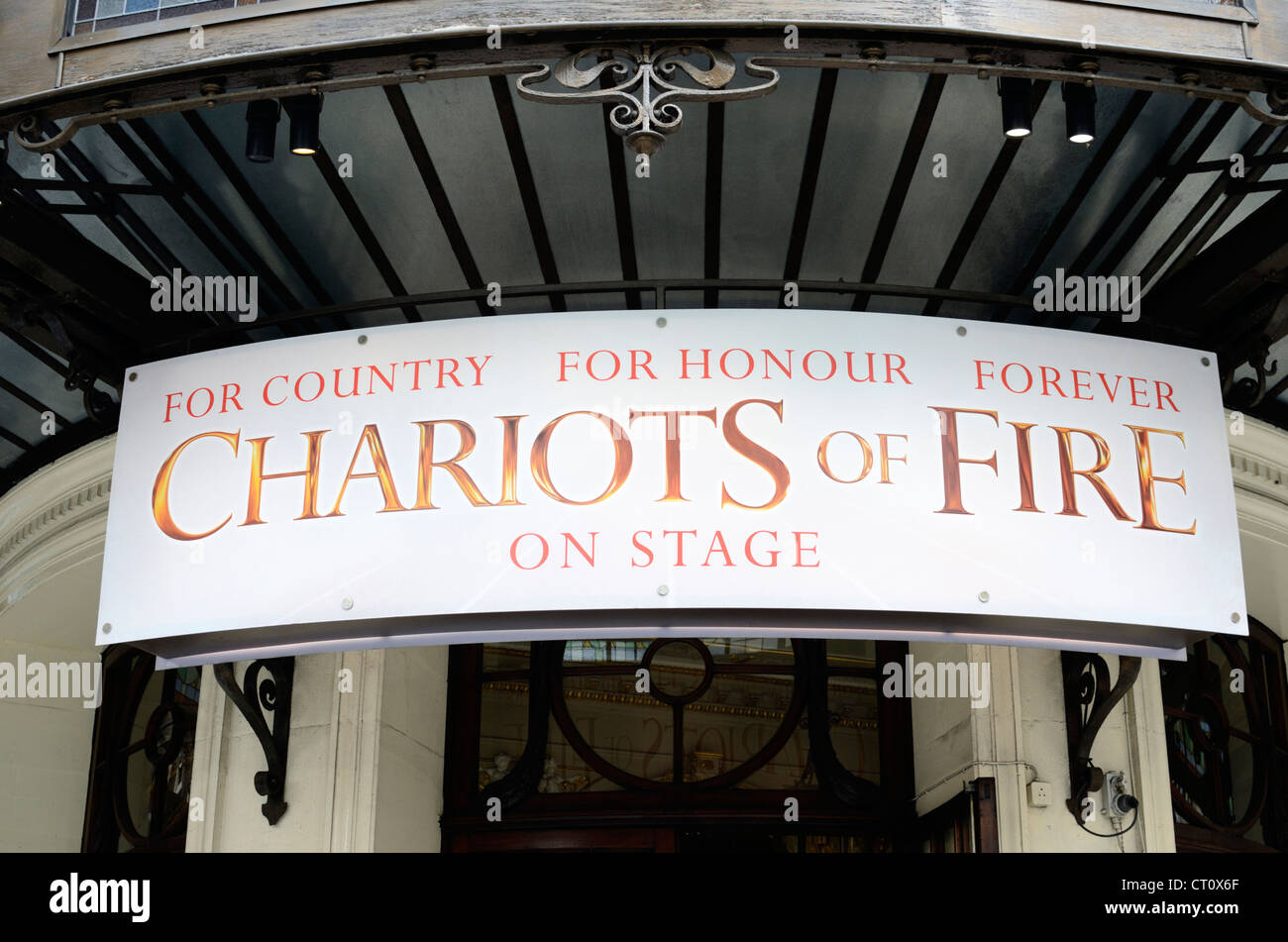 A board promoting the stage play Chariots of Fire outside the Gielgud Theatre, London, UK Stock Photo