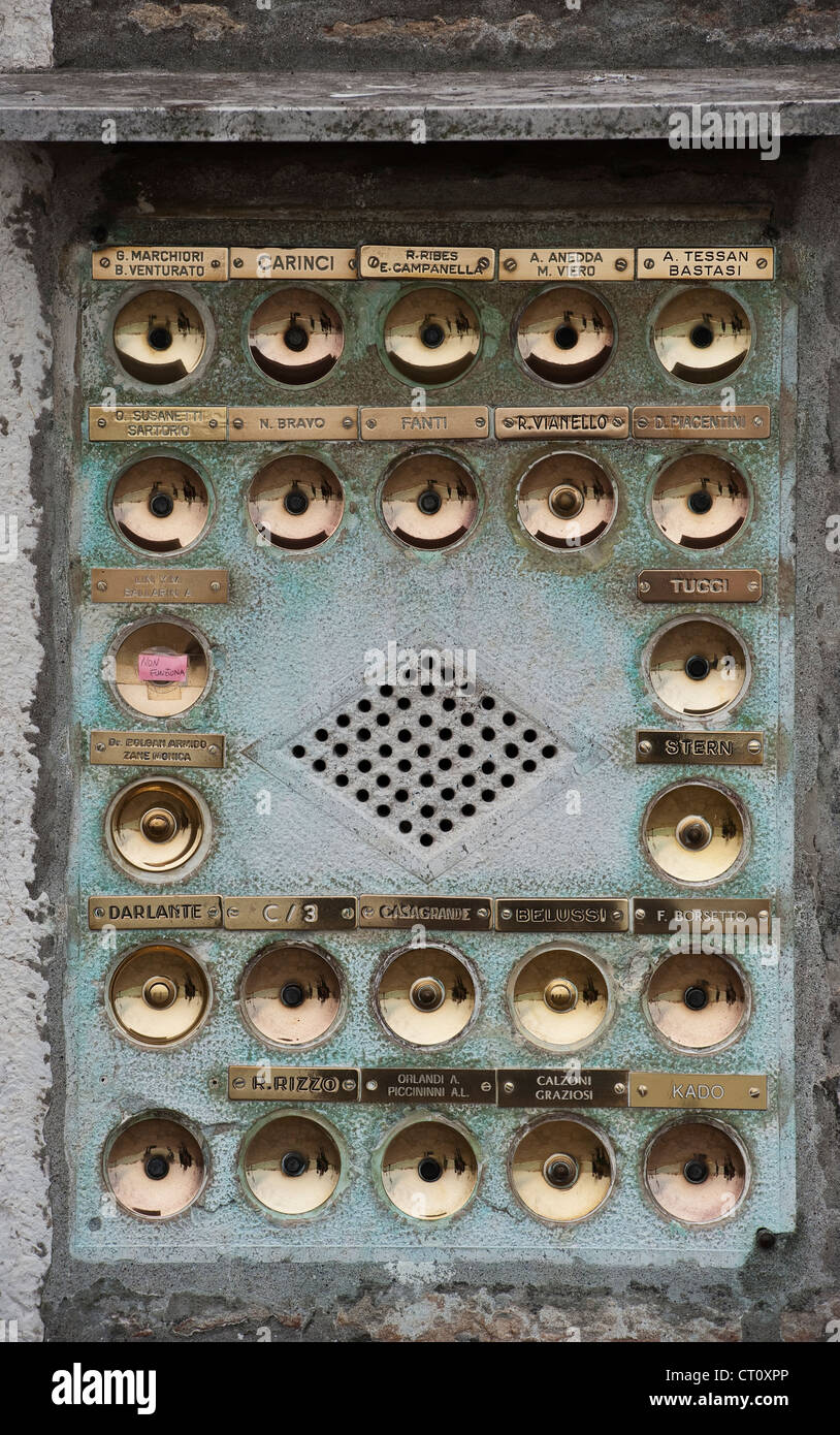 Doorbells at the entrance to an apartment block in Venice, Italy Stock Photo