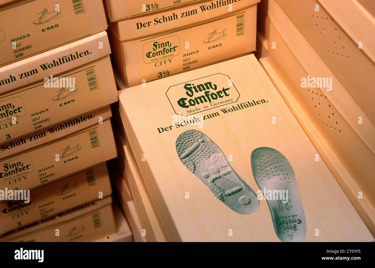 Boxes of Finn Comfort shoes, shoe factory WALDI Stock Photo - Alamy