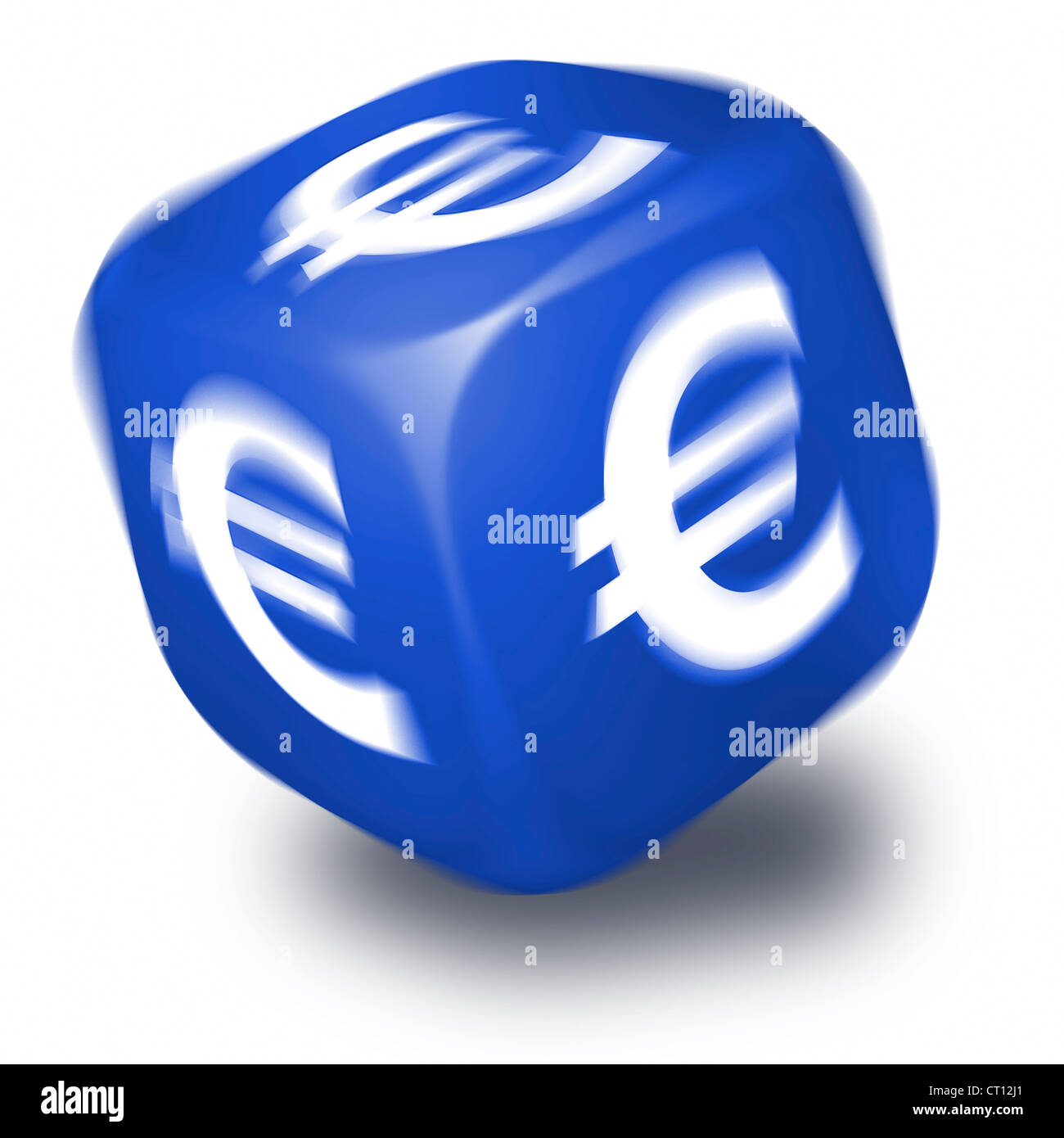 Spinning blue dice with the Euro symbol printed on each face Stock Photo