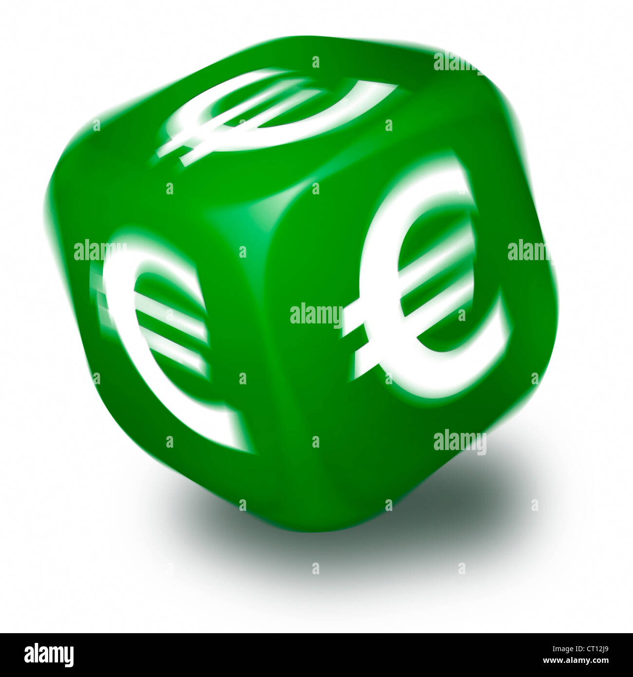 Spinning green dice with the Euro symbol printed on each face Stock Photo