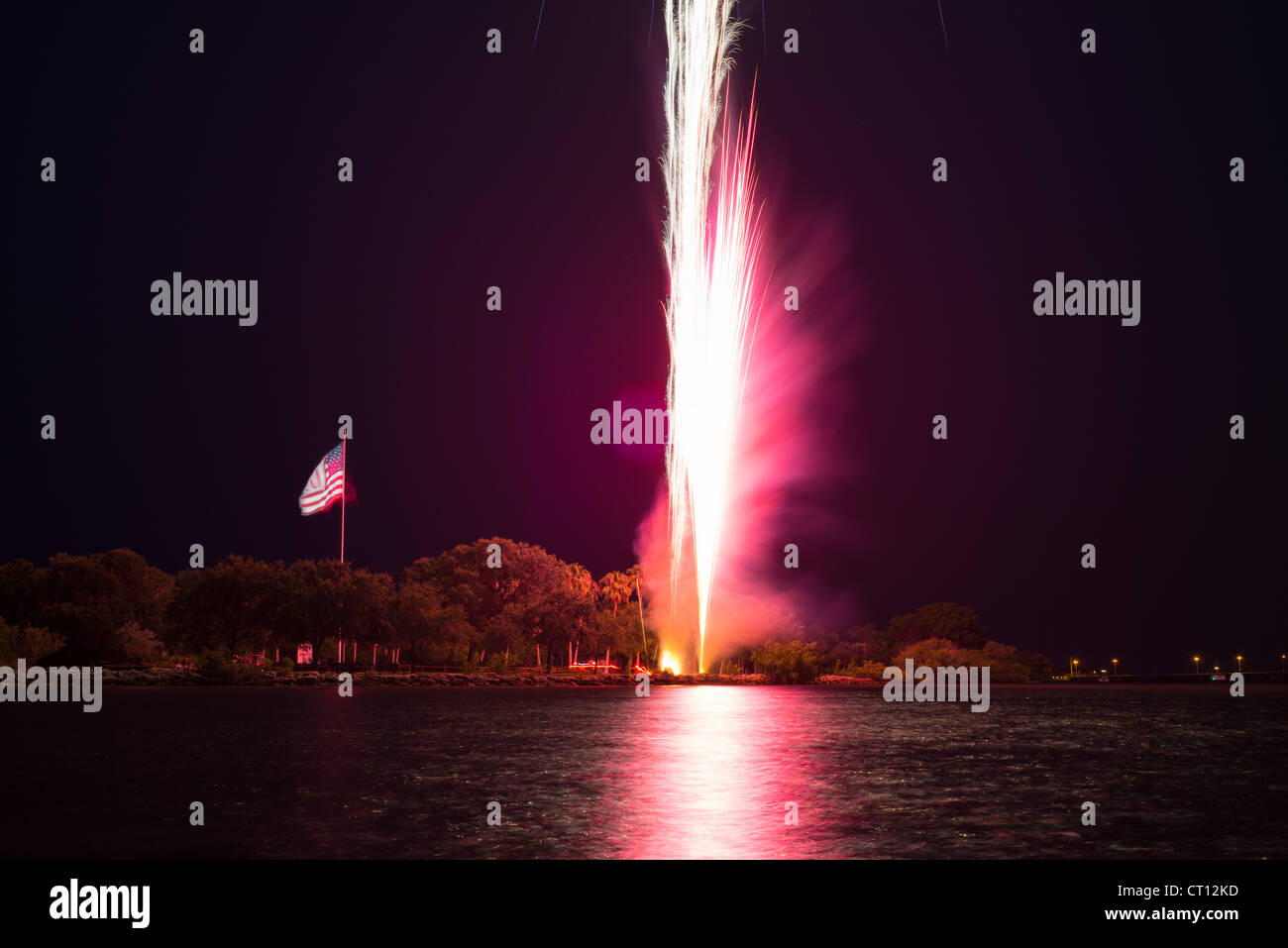 Fireworks celebration highlighting the illuminated American flag from
