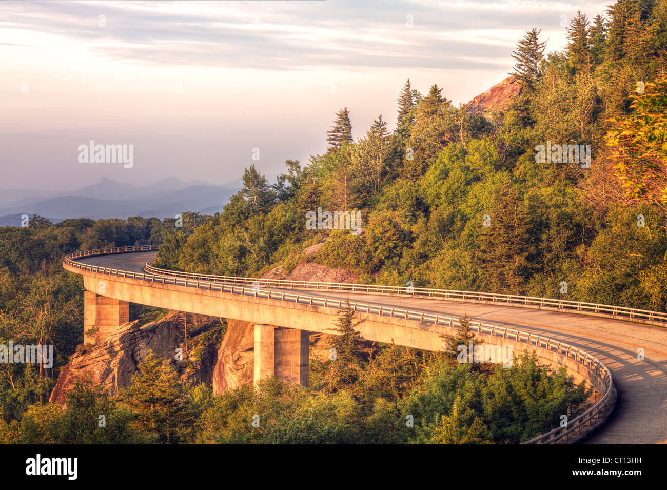 The Linn Cove Viaduct at sunrise, part of the Blue Ridge Parkway Stock