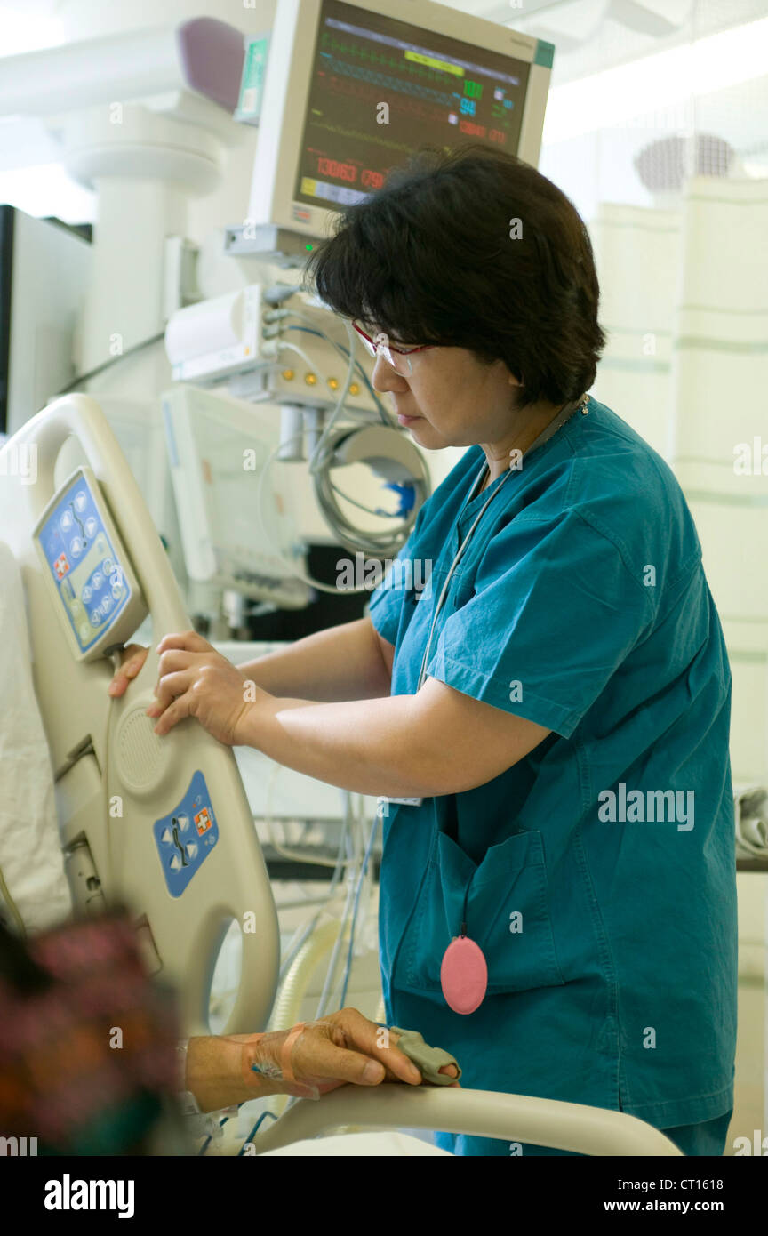 A medical staff attends to the life saving equipment in the intensive care unit, Samsung Hospital, Seoul, South Korea. Stock Photo