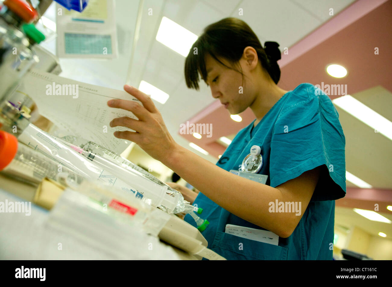 A nurse orders equipment needed on the intensive care unit. Stock Photo