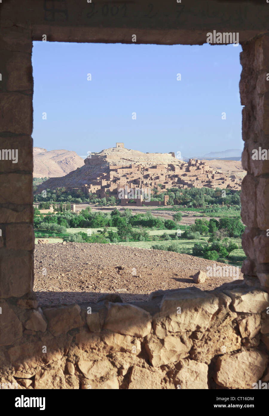 Desert town viewed through window Stock Photo