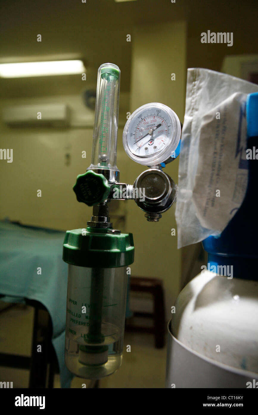 Oxygen tanks used by the anaesthetists help revive patients under anaesthetic. Stock Photo