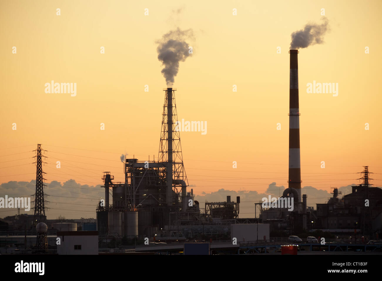 smoking plant factory in sunset, Fuji city, Japan Stock Photo