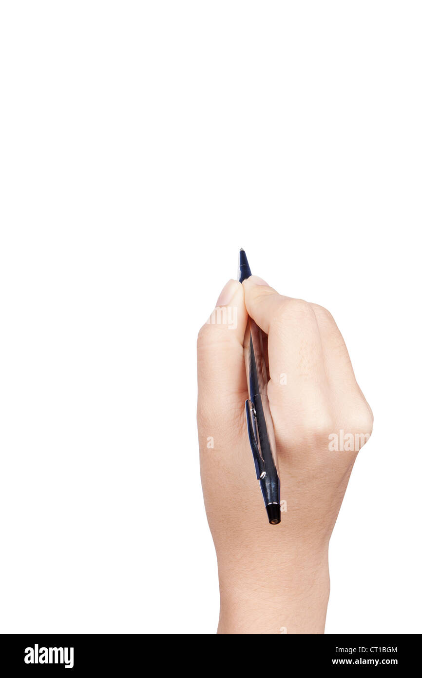 hand with pen on white background Stock Photo - Alamy