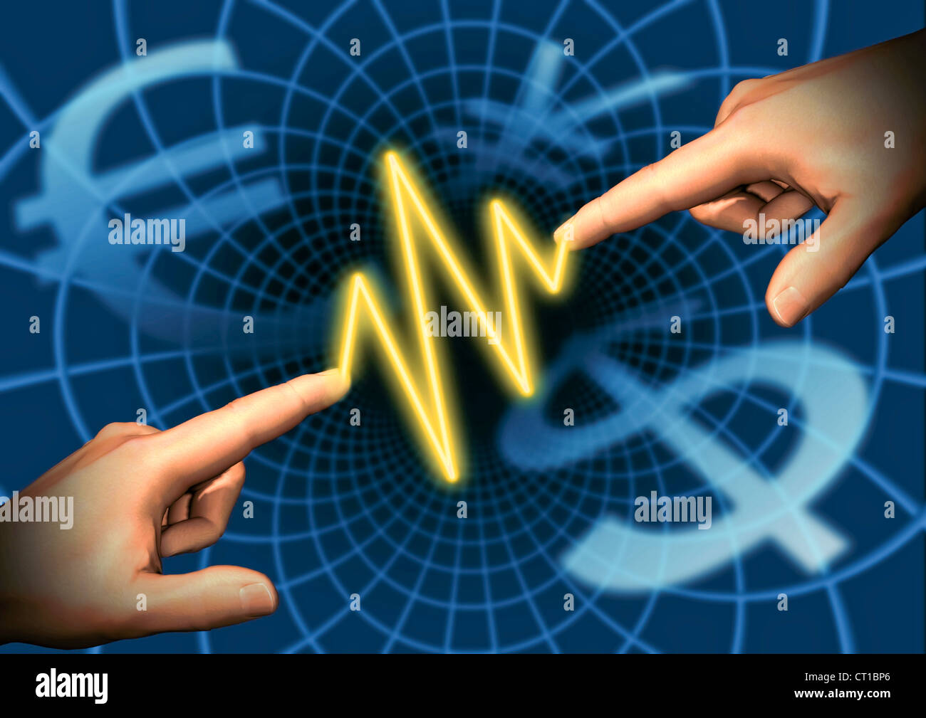 virtual hands connected by an electric spark in front of currencys Stock Photo