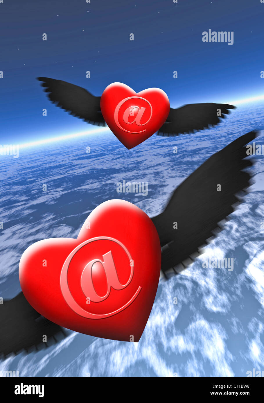 2 red hearts with black wings and an @ sign on them in the sky Stock Photo