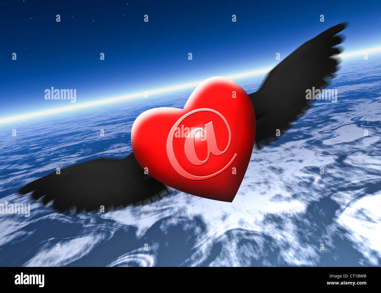 red heart with black wings and an @ sign on it in the sky Stock Photo