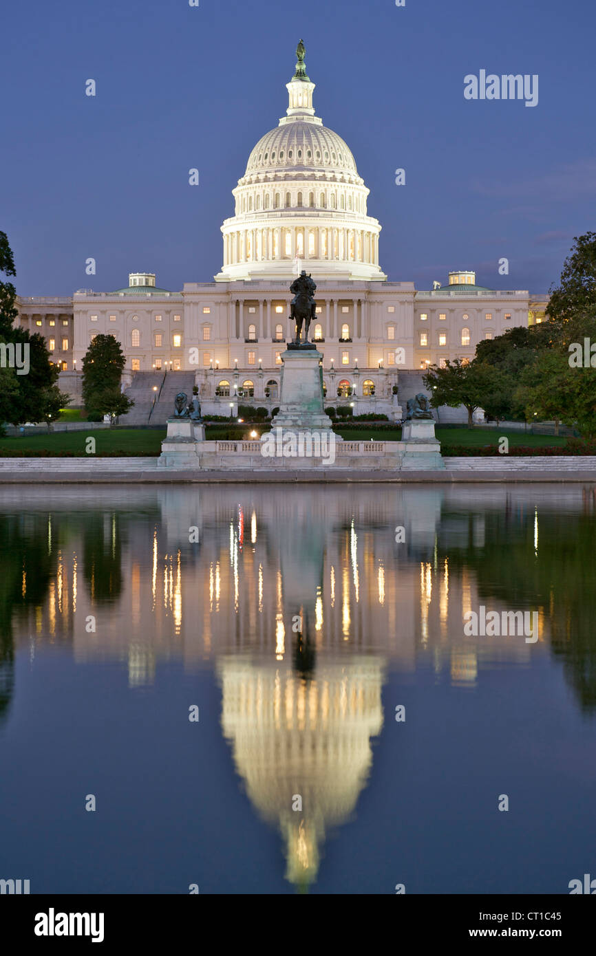 Capitol building reflected in the reflecting pool in Washington DC, USA. Stock Photo