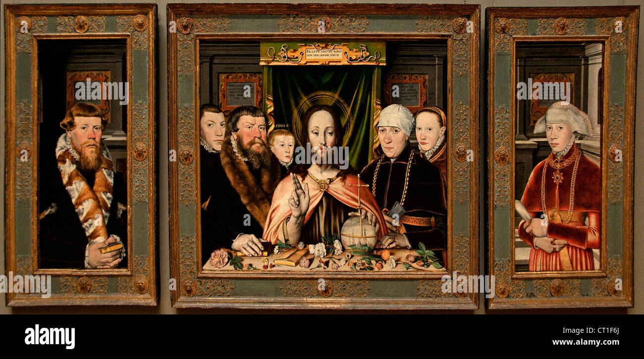 Christ Blessing Surrounded by a Donor and His Family German Lower Saxony Painter about 1575 – 80 Germany Stock Photo