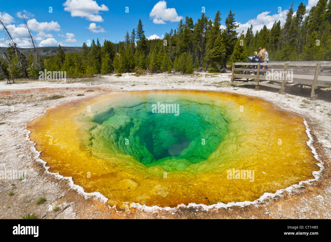 tourists at the morning glory pool upper geyser basin yellowstone national park wyoming usa united states of america Stock Photo