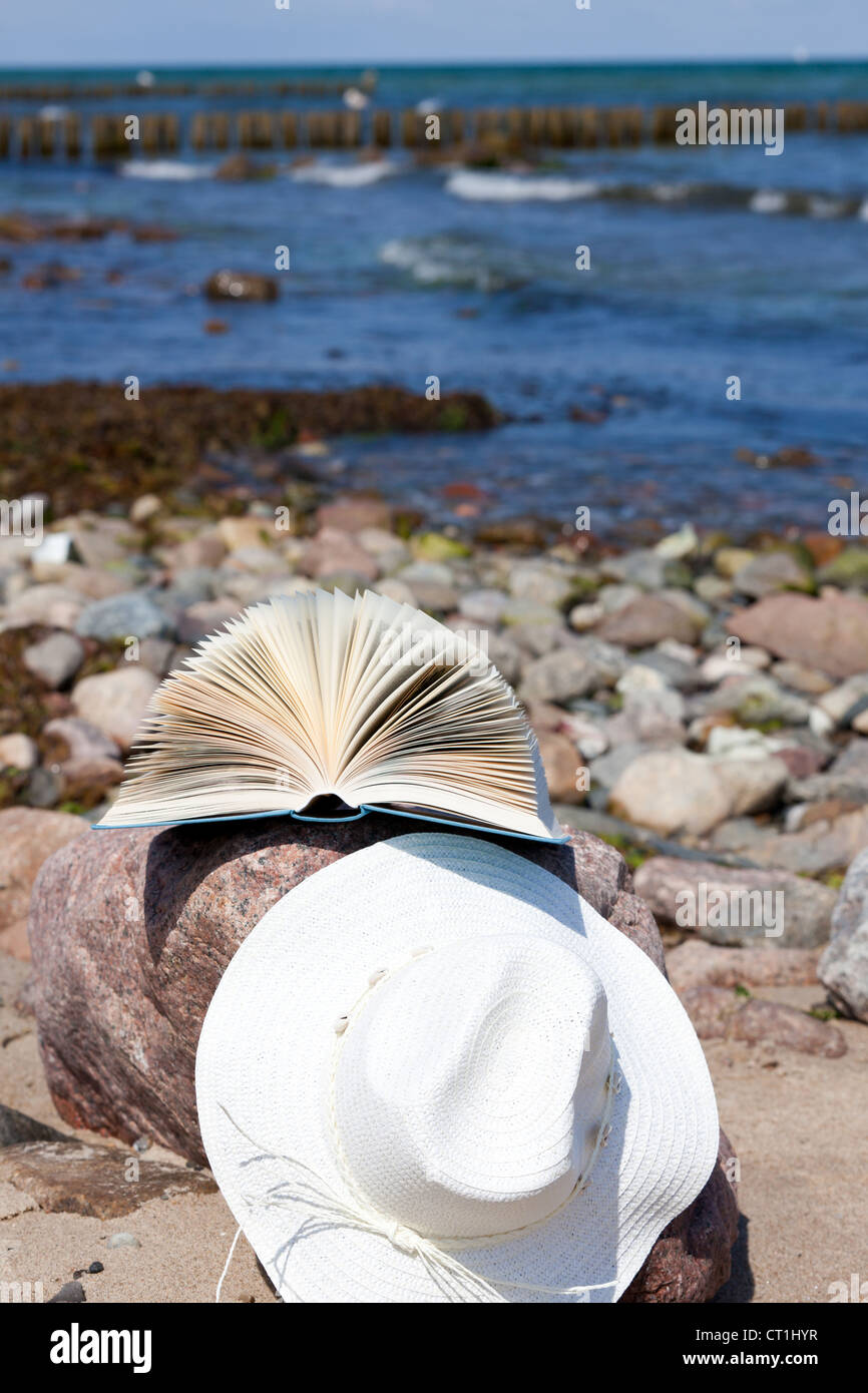 An opened book lies and a straw hat on a rock on the beach Stock Photo ...
