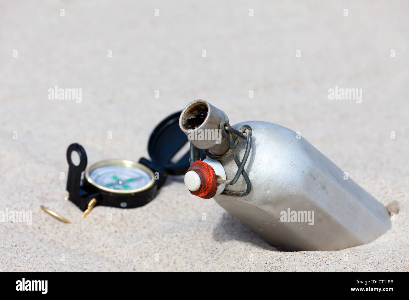 With a compass and a canteen in the desert Stock Photo Alamy