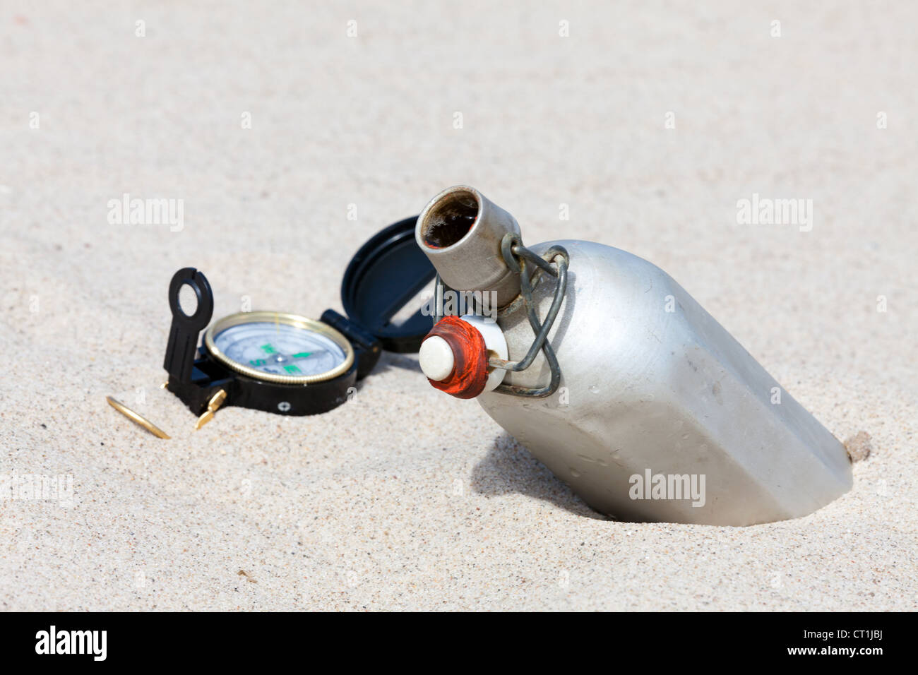 With a compass and a canteen in the desert Stock Photo Alamy