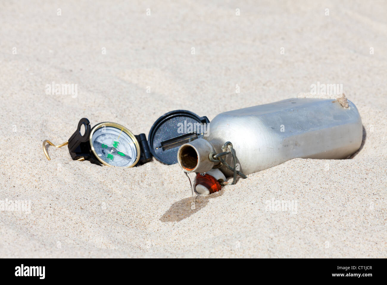 With a compass and a canteen in the desert Stock Photo Alamy