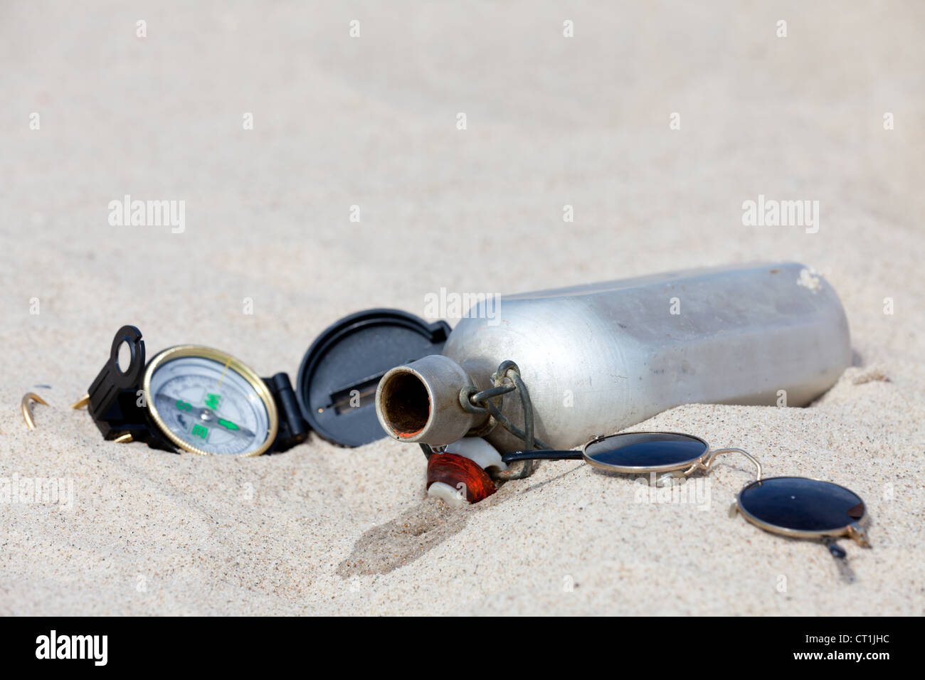 With a compass and a water canteen in the desert Stock Photo Alamy