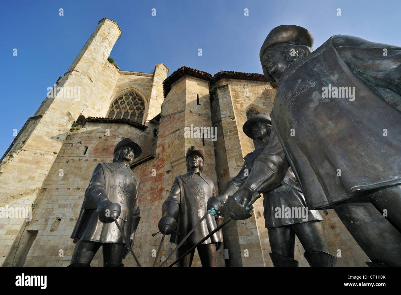Statue of d'Artagnan and The Three Musketeers at Condom / Condom-en-Armagnac, Midi-Pyrénées, Pyrenees, France Stock Photo