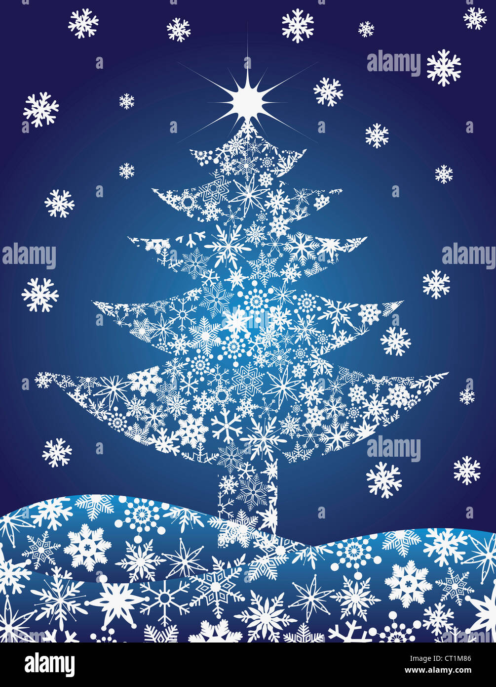 Christmas Tree Silhouette with Snowflakes on Blue Background ...