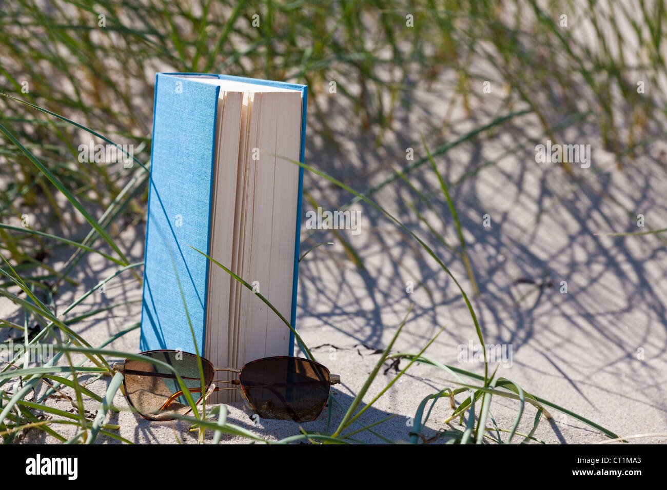 A book with a sunglass lying in the sand in a dune Stock Photo