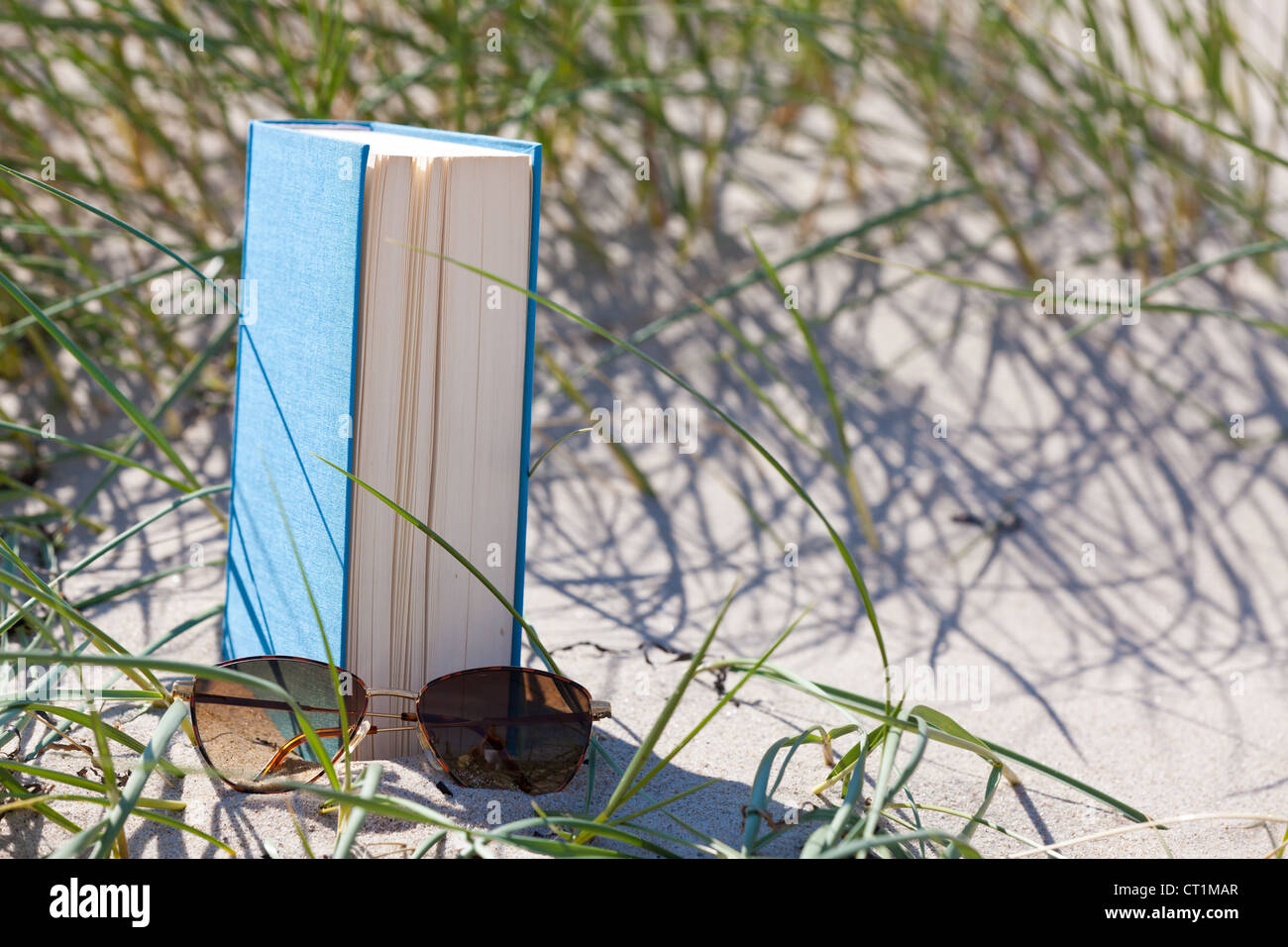 A book with a sunglass lying in the sand in a dune Stock Photo