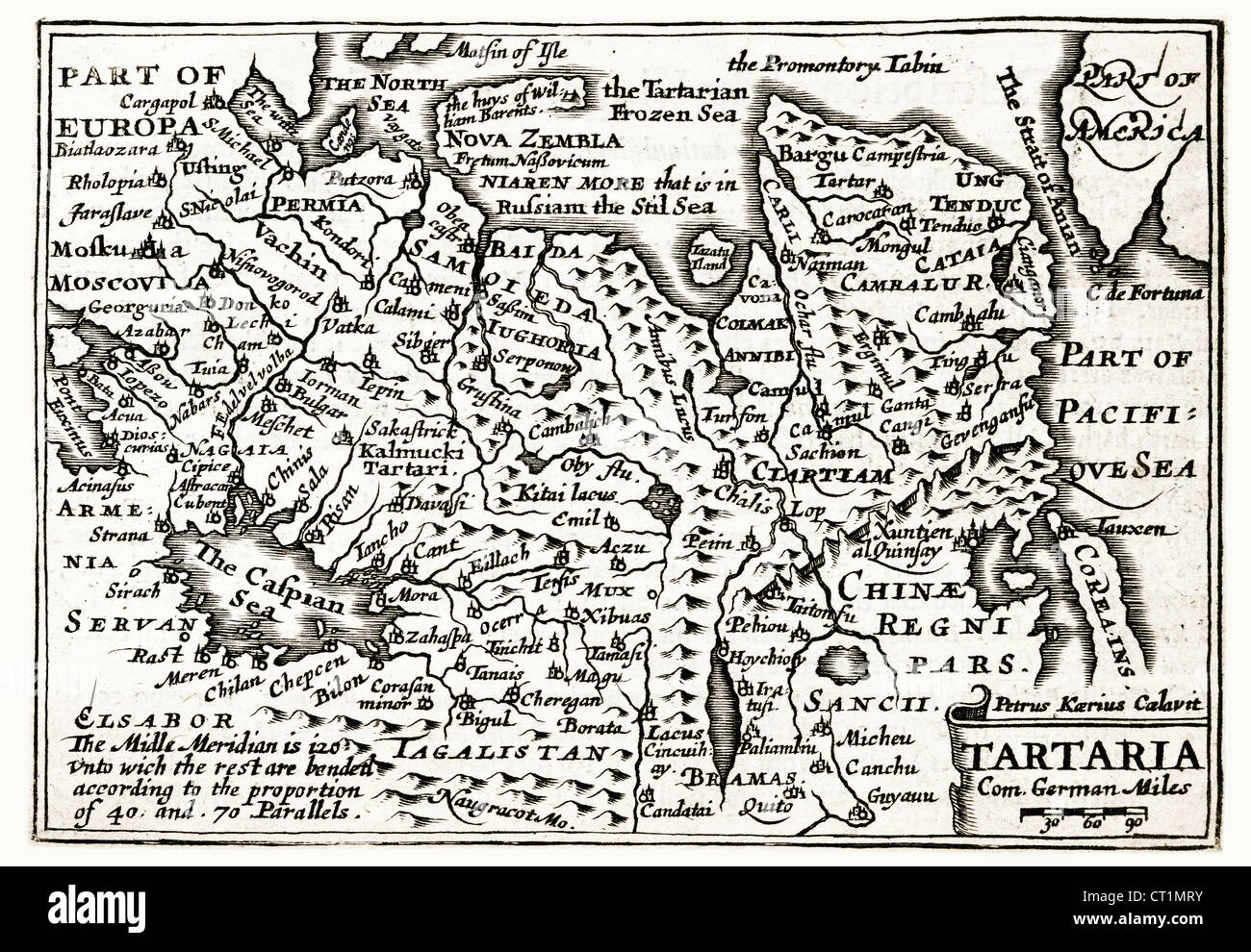 Map of The Tartaria (Tartary) by Petrus Kaerius 1646 from John Speed Prospect of the most Famous Parts of the World 1675 JMH6025 Stock Photo