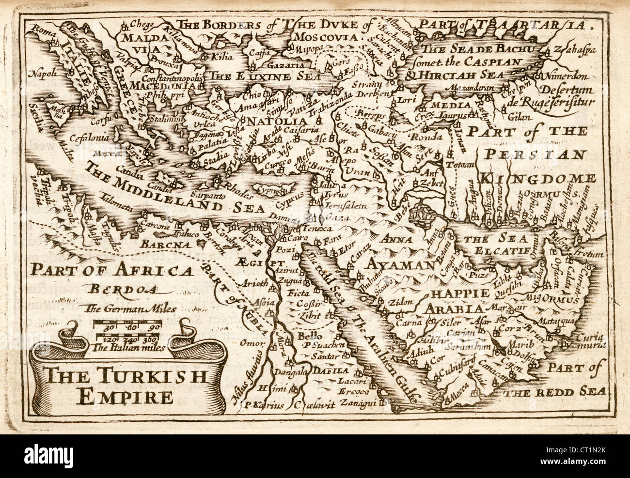 Map of The Turkish Empire by Petrus Kaerius 1646 from John Speed Prospect of the most Famous Parts of the World 1675 JMH6026 Stock Photo