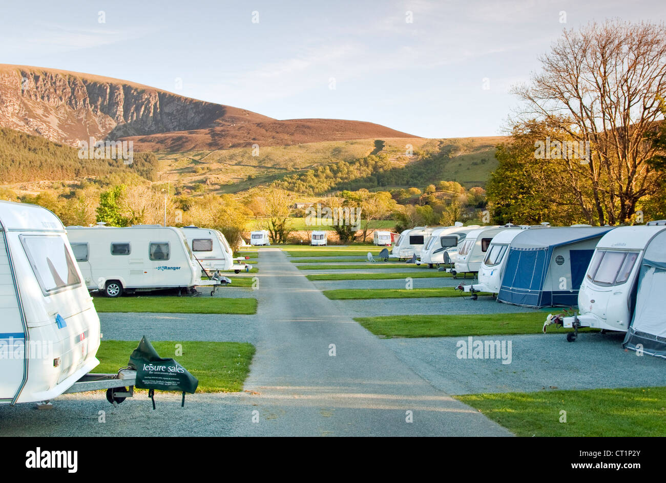Picturesque Caravan Park at Scenic Bryn Gloch, Betws Garmon, in the Nant y Betws Valley, Snowdonia National Park Gwynedd Stock Photo