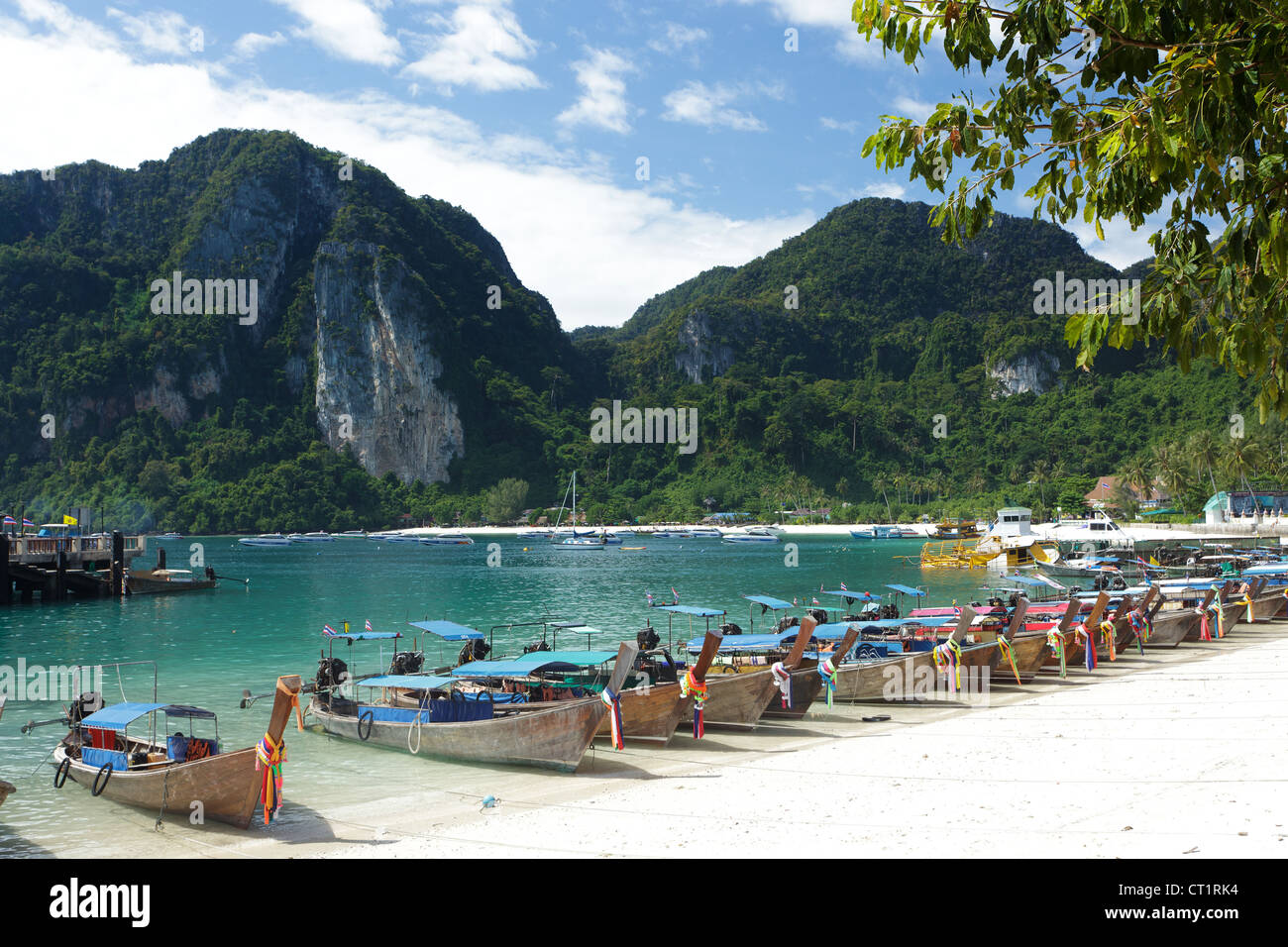 long tail boats at Ton sai bay, in ko phi phi island, Thailand Stock Photo