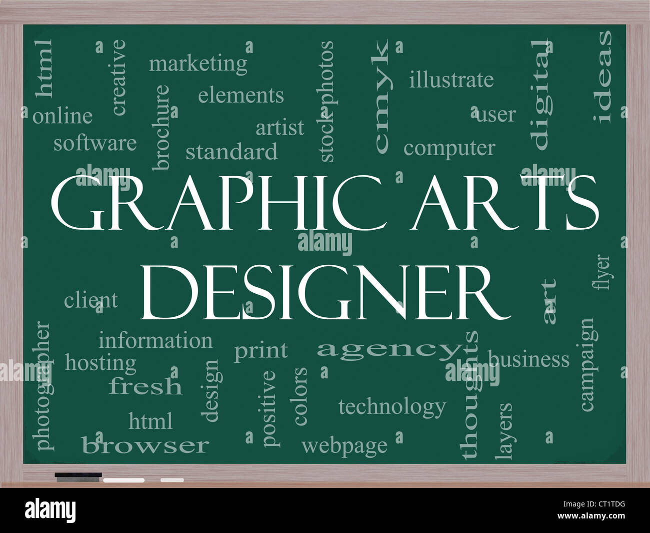 Graphic Arts Designer Word Cloud Concept on a Blackboard with great terms such as software, html, client, design and more Stock Photo