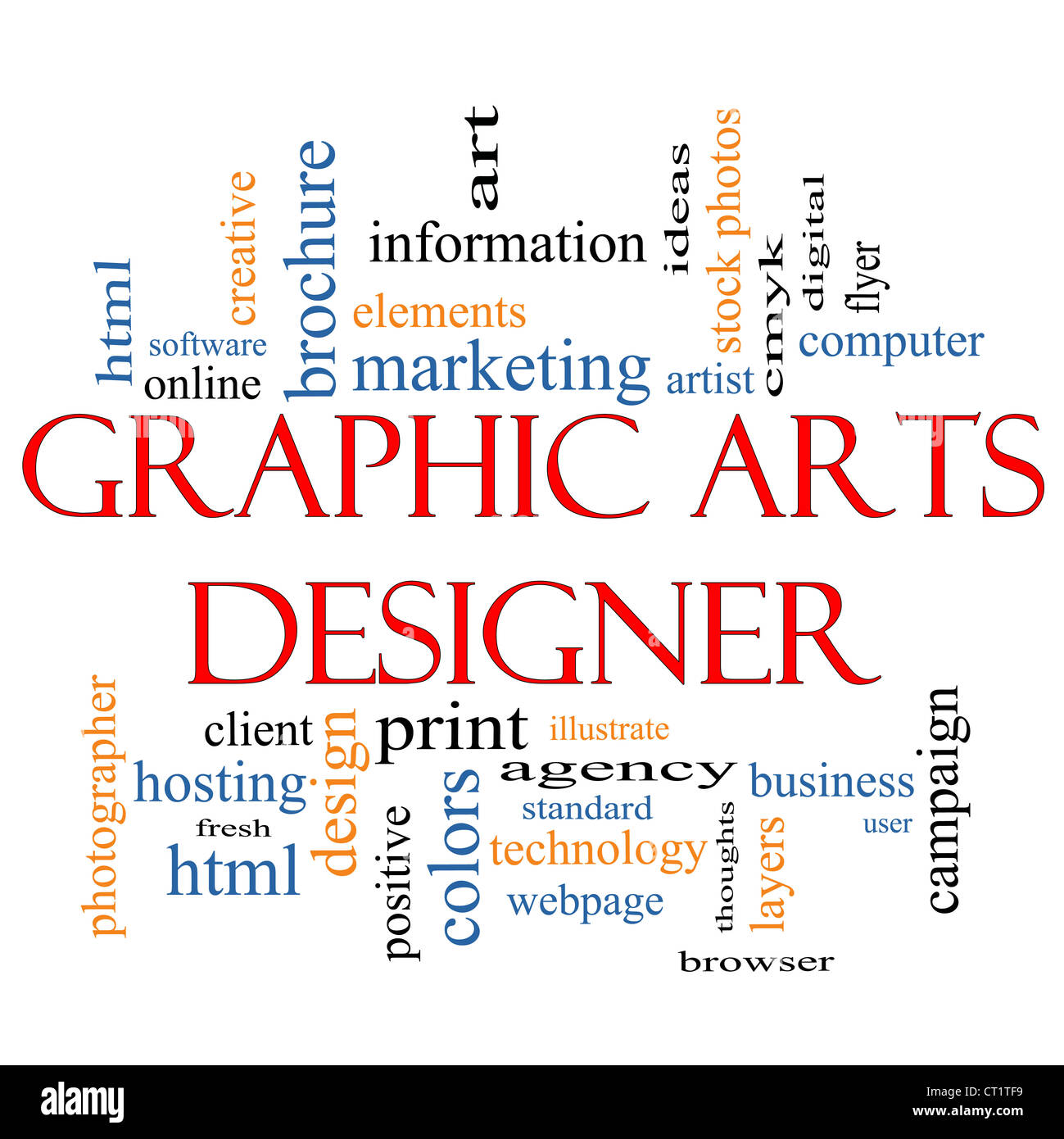 Graphic Arts Designer Word Cloud Concept with great terms such as software, html, client, design, illustrate and more Stock Photo