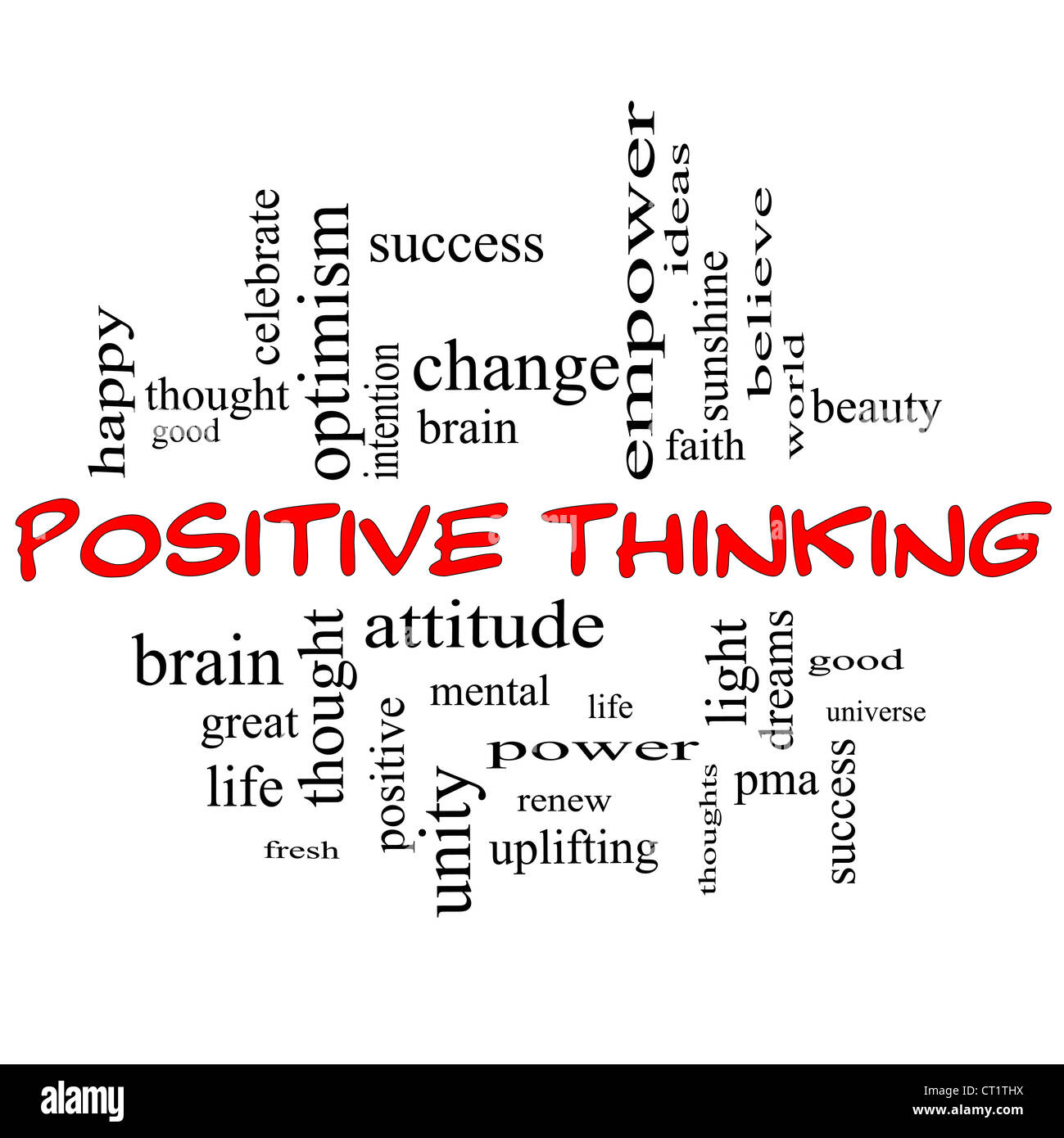 Positive Thinking Word Cloud Concept in red capital letters with great terms such as good, mental, thought, life, optimism Stock Photo