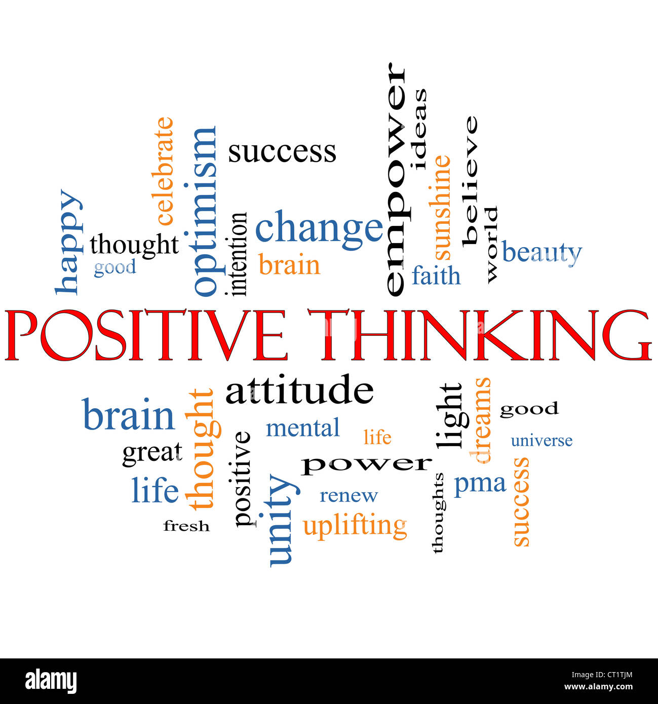 Positive Thinking Word Cloud Concept with great terms such as good, pma, mental, thought, life, optimism and more Stock Photo