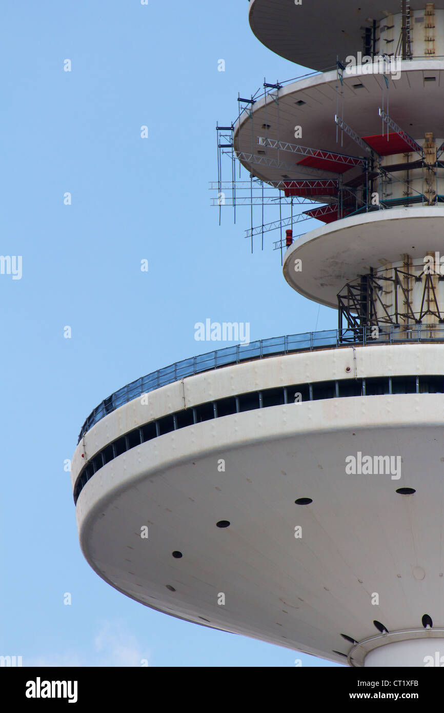Detail of the Hamburg Fernsehturm tv tower, designed like a stack of disks. Stock Photo