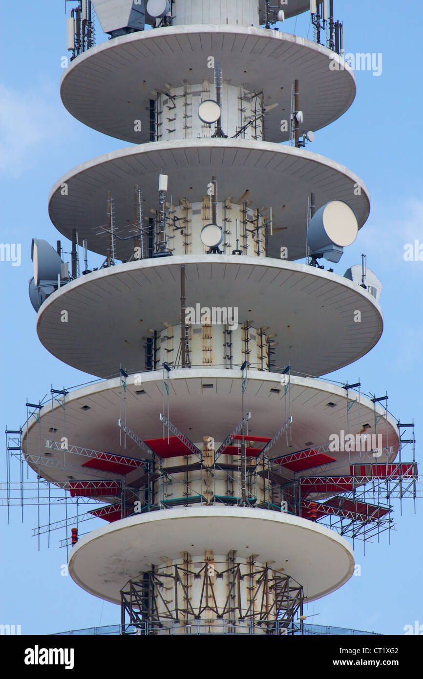 Detail of the Hamburg Fernsehturm tv tower, designed like a stack of disks. Stock Photo