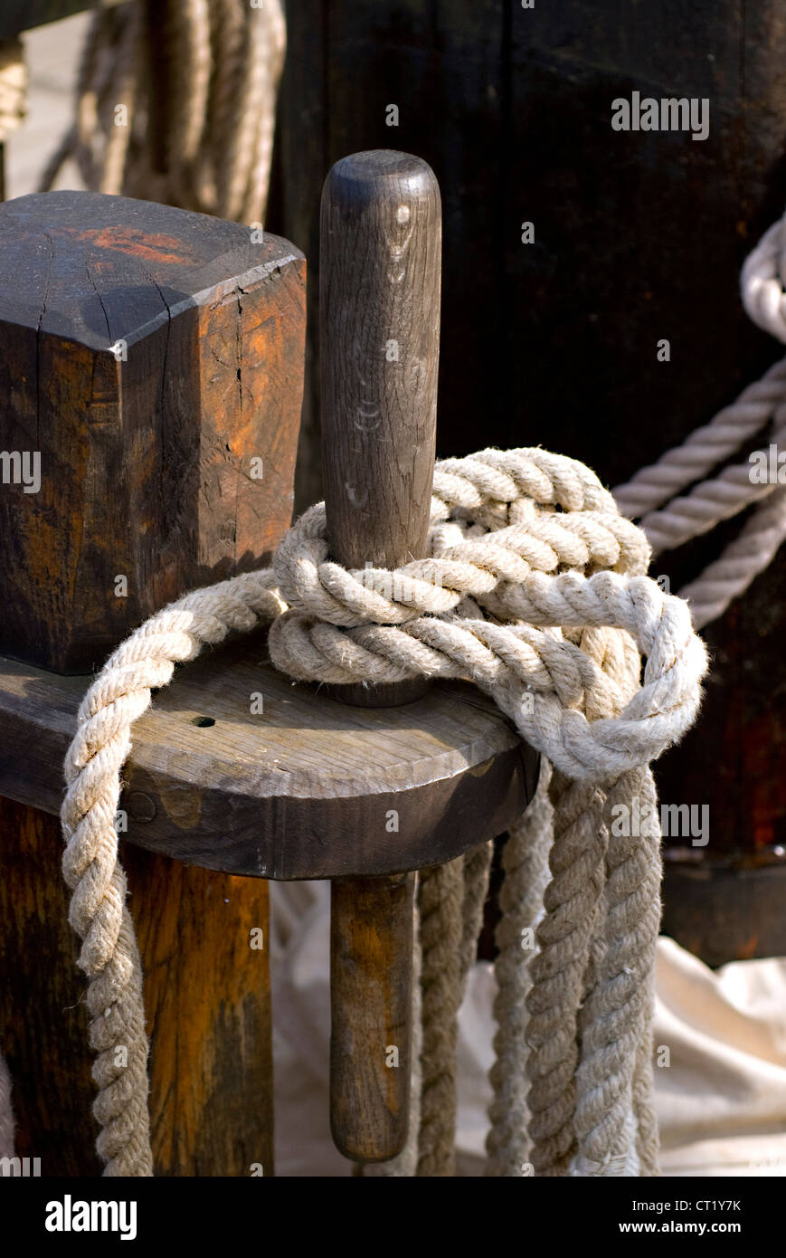 Belaying pin and rope on sailing vessel Stock Photo Alamy