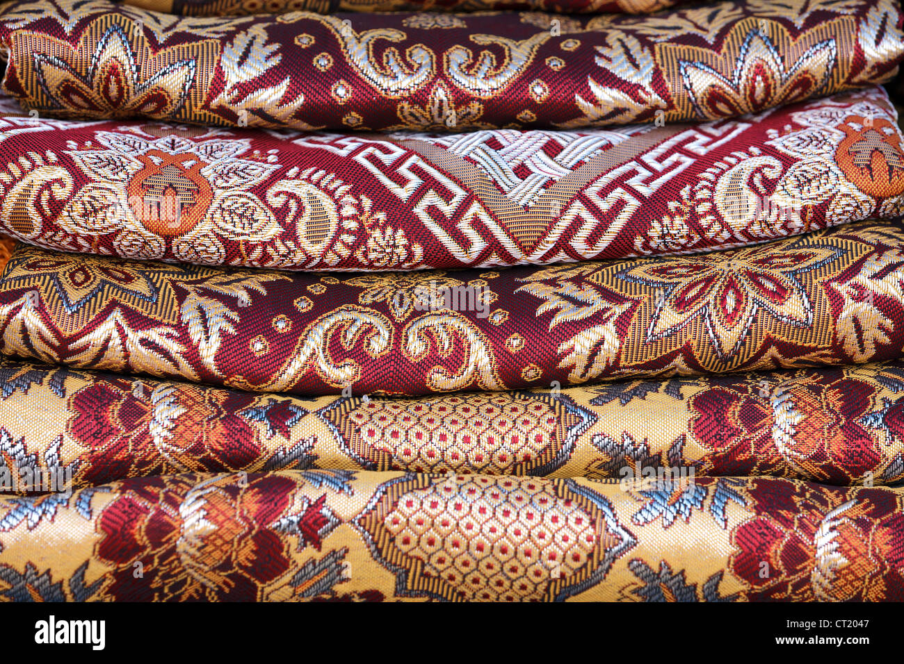 stack of traditional thai fabric, Thailand Stock Photo Alamy