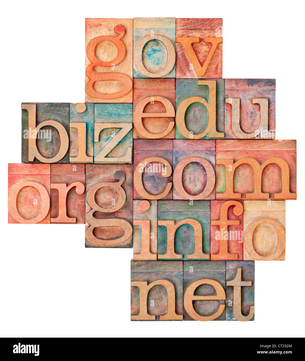 collage of popular internet domain extensions (org, biz, gov, net, info, edu, com) - vintage letterpress wood type Stock Photo