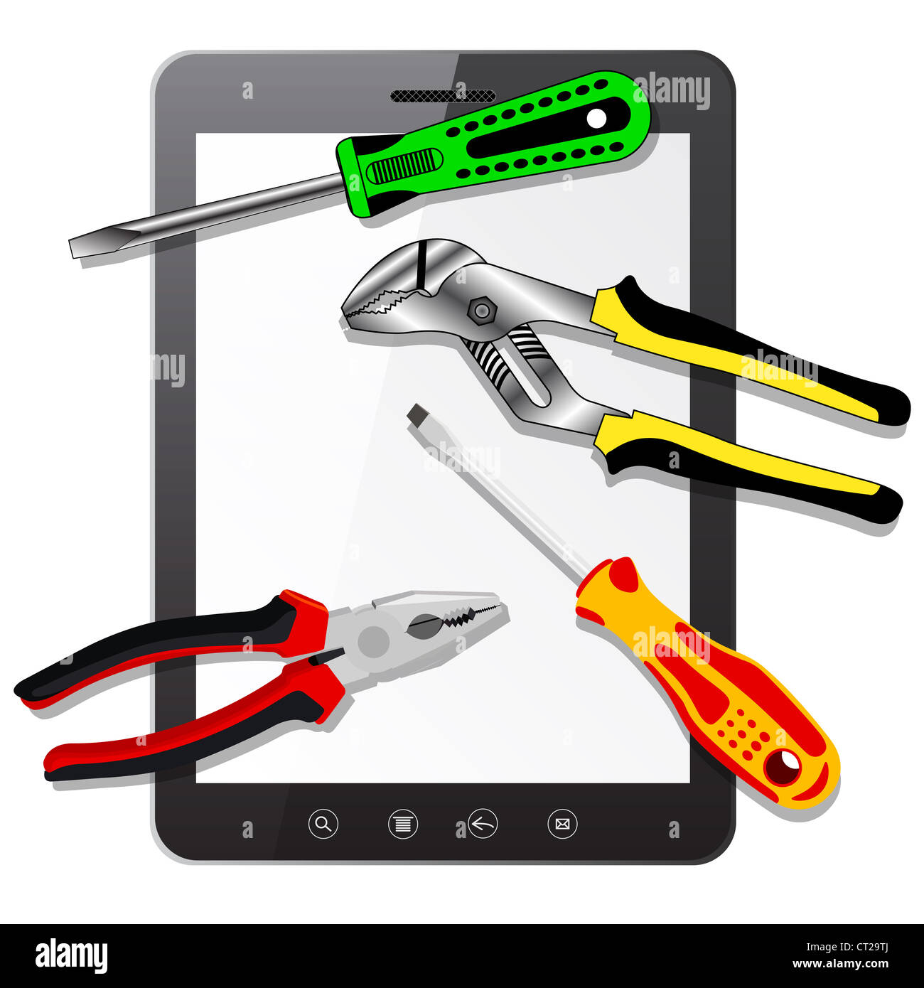 tablet PC computer with blank screen with tools isolated on white ...
