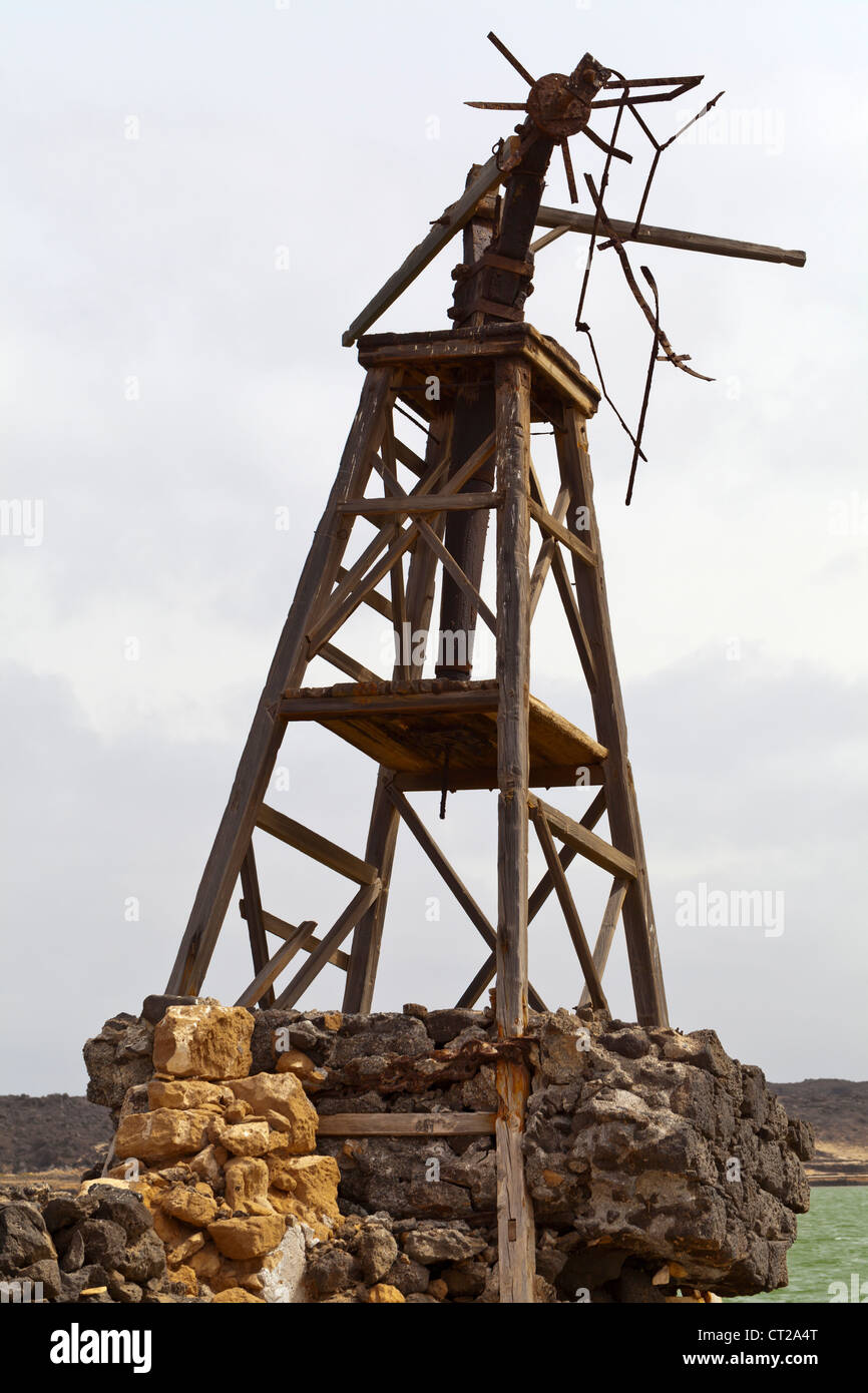 Lanzarote, Old windmill at the Salinas De Janubio salt basins - Lanzarote, Canary Islands, Spain, Europe Stock Photo