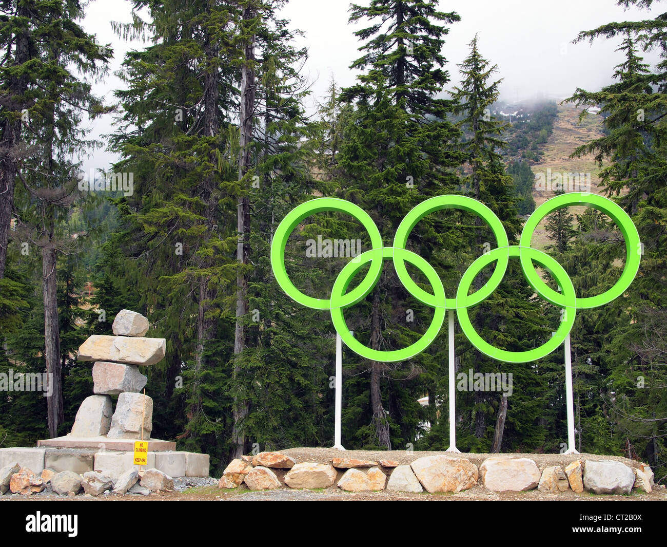 Green Olympic rings, Cypress Mountain, Vancouver, Canada Stock Photo