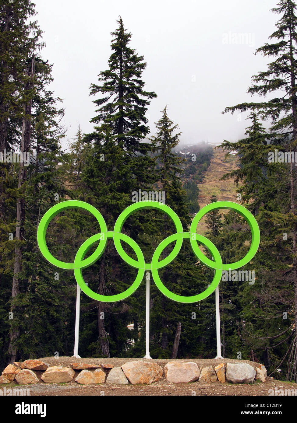 Green Olympic rings, Cypress Mountain, Vanocuver, Canada Stock Photo