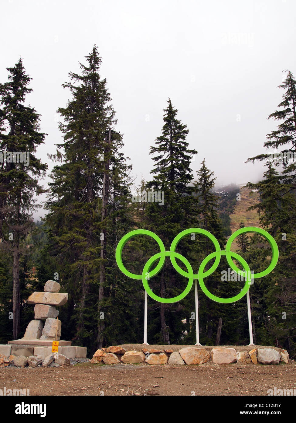 Green Olympic rings, Cypress Mountain, Vanocuver, Canada Stock Photo